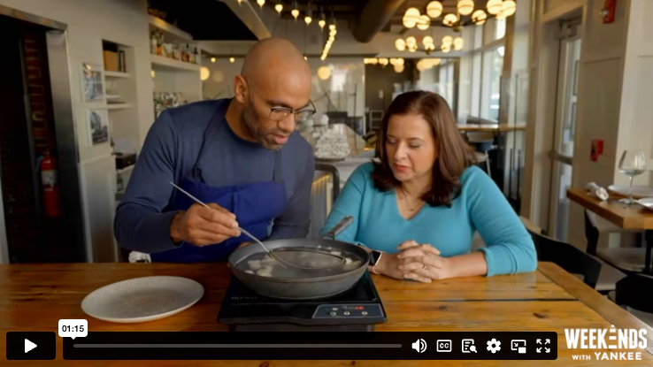 Weekends with Yankee show, still image of chef working with reporter